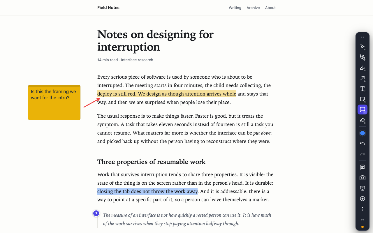 A web article with a yellow highlight, an arrow, a sticky note and a comment pin drawn on it.